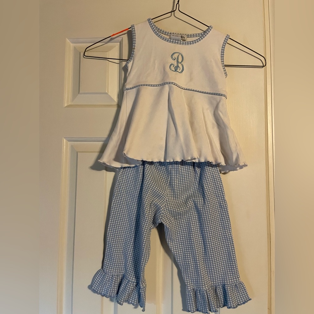 “B” monogramed set with light blue plaid